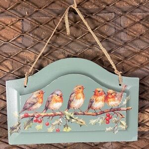 Handmade Decorative Chippy Green Wooden Hanging Plaque with Birds